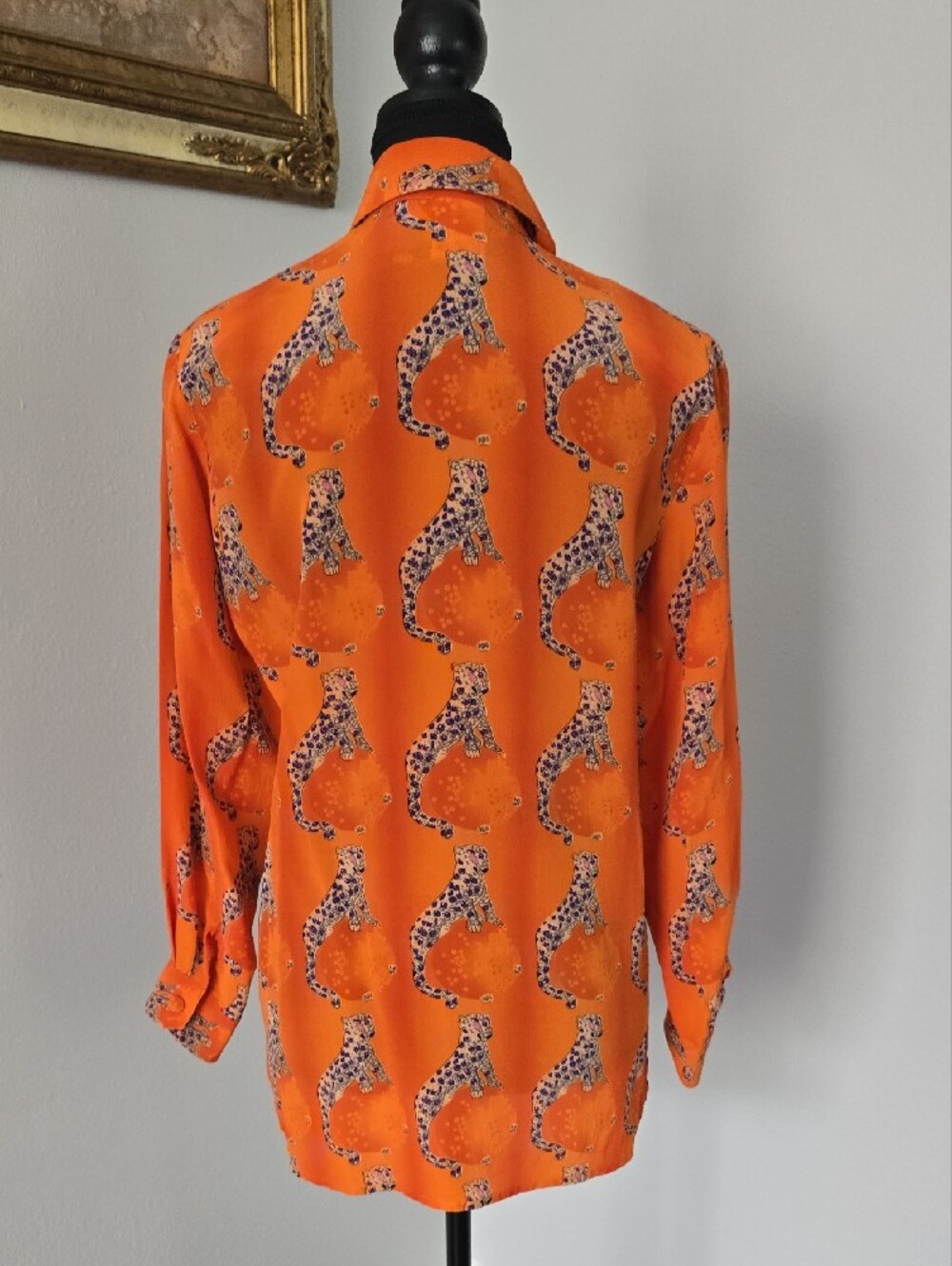 VTG Piano Orange Jaguar Print Button-Up Blouse 100% Silk - Small - Picture 6 of 7
